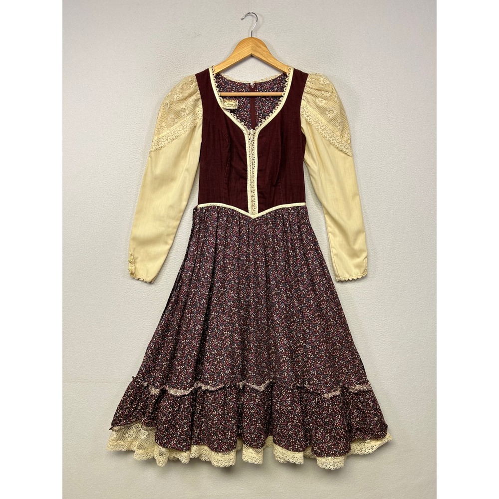 Gunne Sax Vintage Prairie Dress Womens XS Burgundy Floral Lace 70s Boho Dress
